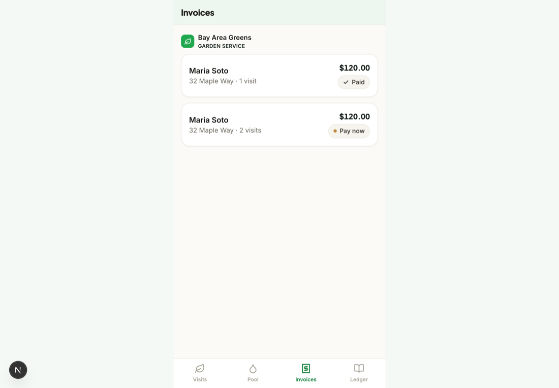 The homeowner invoices list