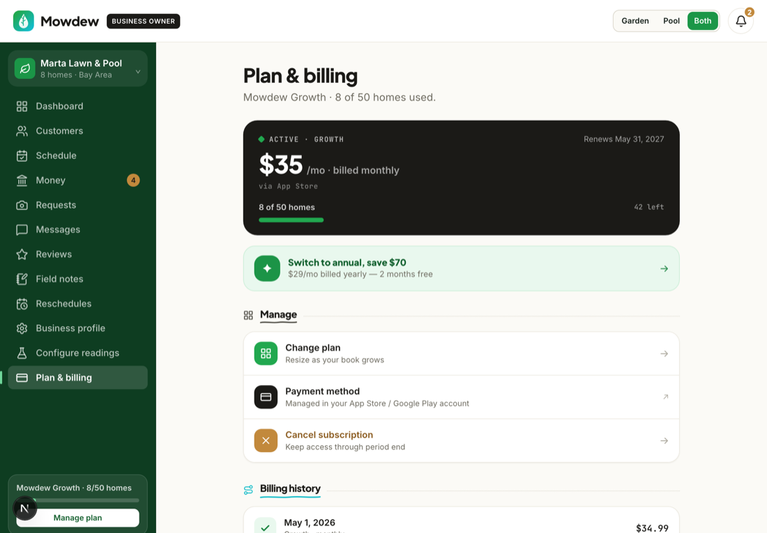The plan and billing screen