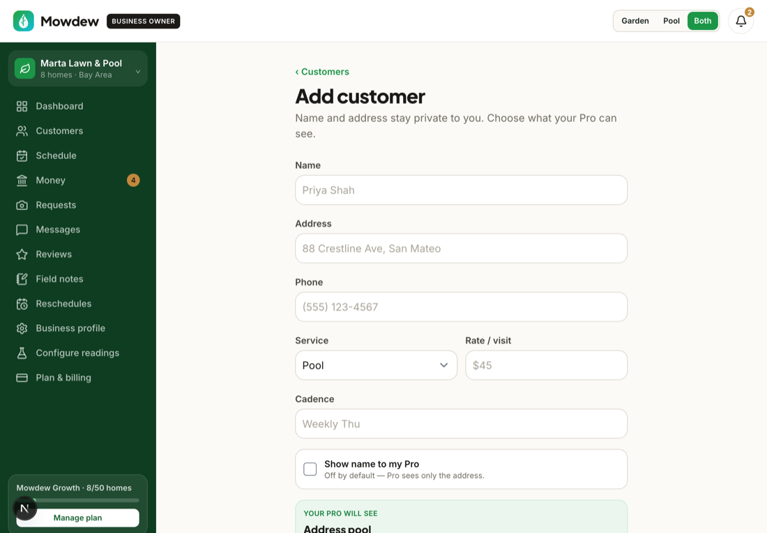 A customer page showing the property's cadence and price