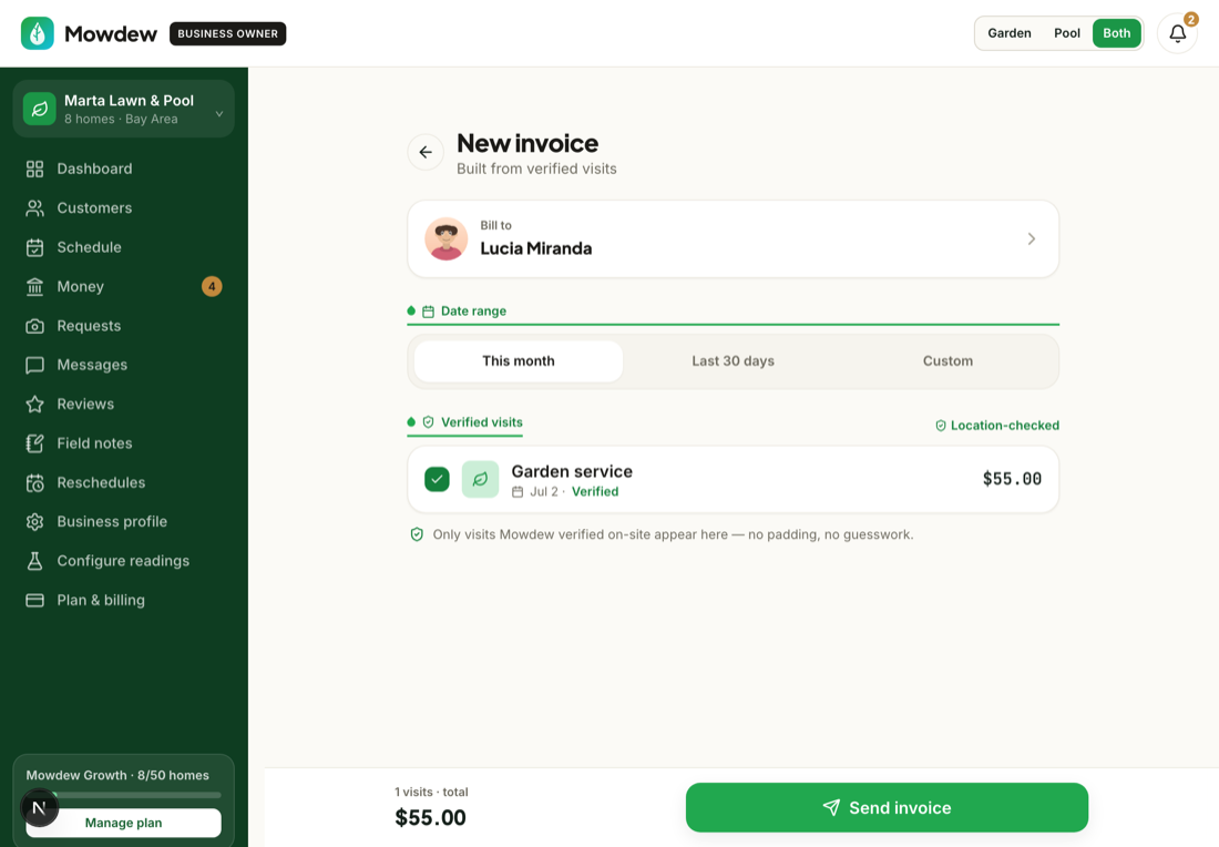 Invoice from verified visits on Web