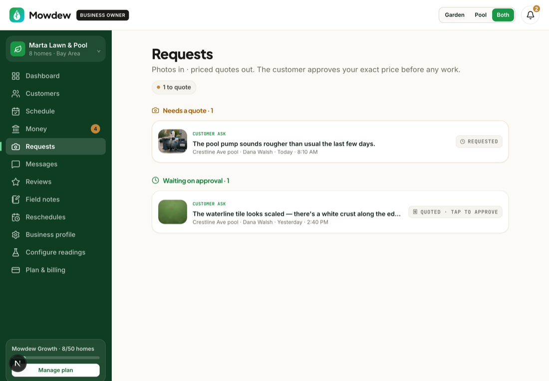 The business's request inbox showing the ask and a quote