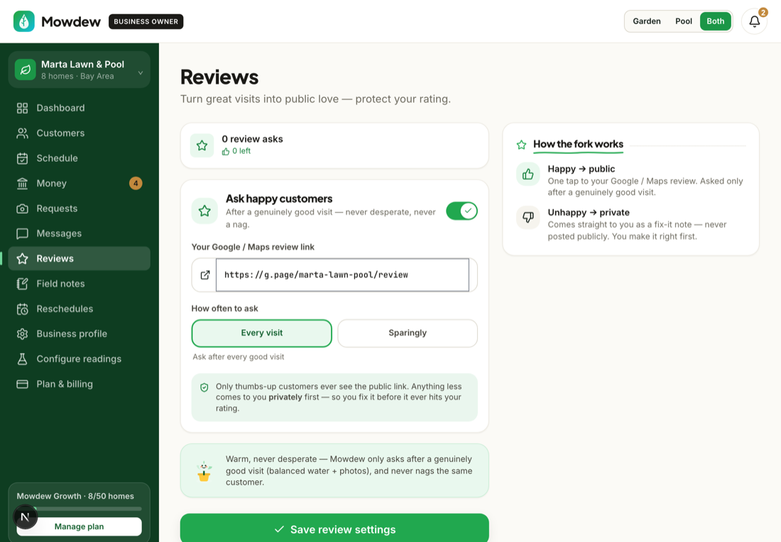 Reviews dashboard on Web